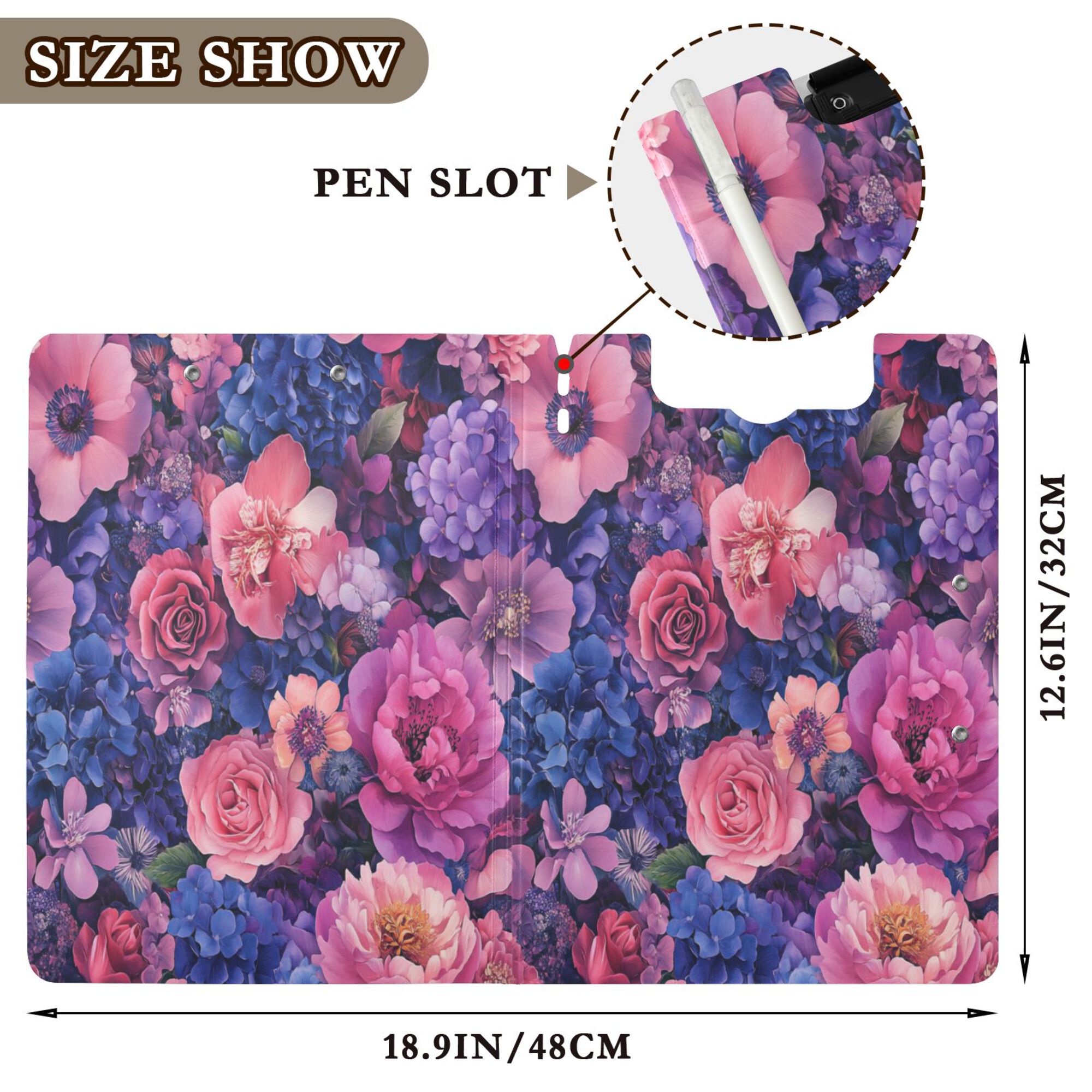 FORMRS A4 Clipboard Folder with Pen Holder Horizontal Foldable School Office Binder, Vibrant Art Flowers