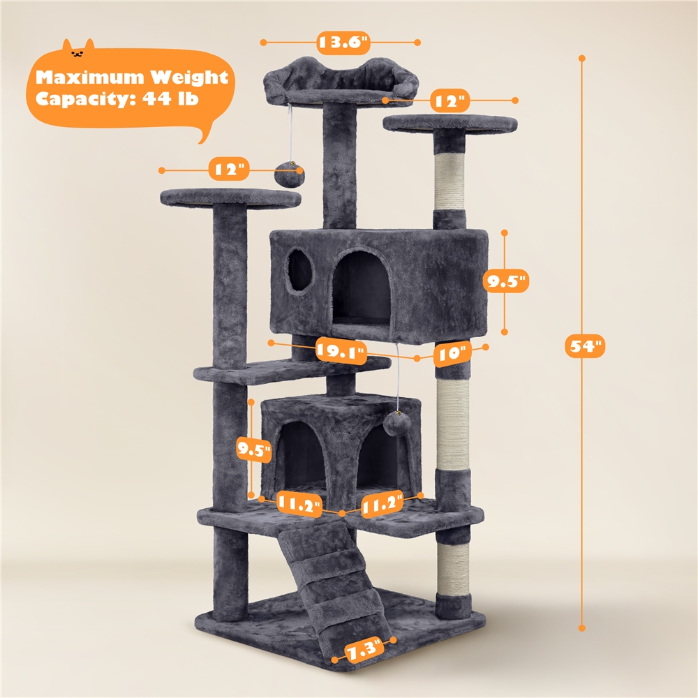 Yaheetech 53.9" Cat Tree with Double Condos, Gray photo 8