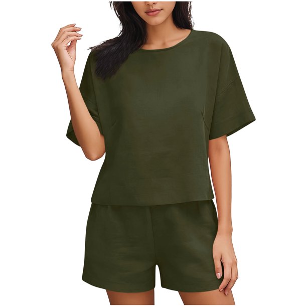 Conjunto Corto Casual para las Mujeres Manga Corta Bolsillo Pantalones Cortos Pantalones de Señoras Conjunto con Cuello Redondo Top, Ropa Casual de Verano
