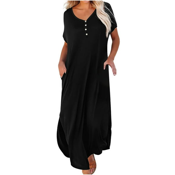 Wenini Dresses for Women V-Neck Short Sleeve Maxi Solid Summer Dresses Evening Fashion Loose Button Swing Long Dress with Pocket Black M