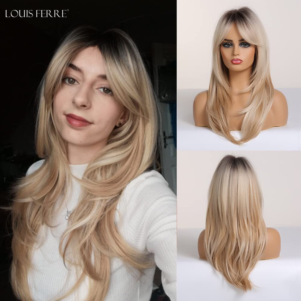 Blonde Wigs Long Curly Wigs Shoulder Length Heat Resistant Synthetic Wigs for Women with Bangs