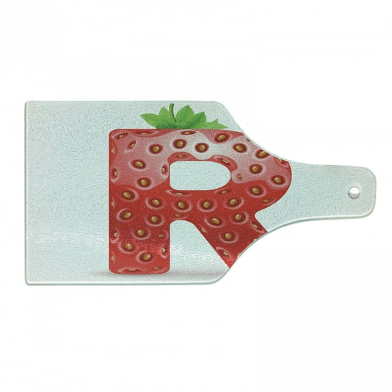 Letter R Cutting Board, Food Elements in Such a Way Resembling Capital R Summer Season Food, Tempered Glass Cutting and Serving Board, Wine Bottle Shape, Vermilion Green Orange, by Ambesonne