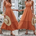 thumbnail image 4 of Women Summer Ruffle Spaghetti Strap Maxi Long Flowy Dress Solid Color Buttons Shirred Elastic Waist Pleated Flare Hem Sleeveless Beach Sundress, 4 of 12