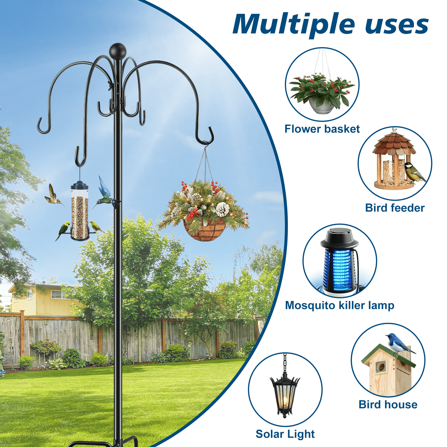Teblint 88" Heavy Duty Shepherds Hooks for Outdoor, 4-Hook Adjustable Bird Feeder Pole with Reinforced 5-Prong Base, Garden Hanger Stand for Bird Feeders, Hanging Plants, Solar Lights & Lanterns
