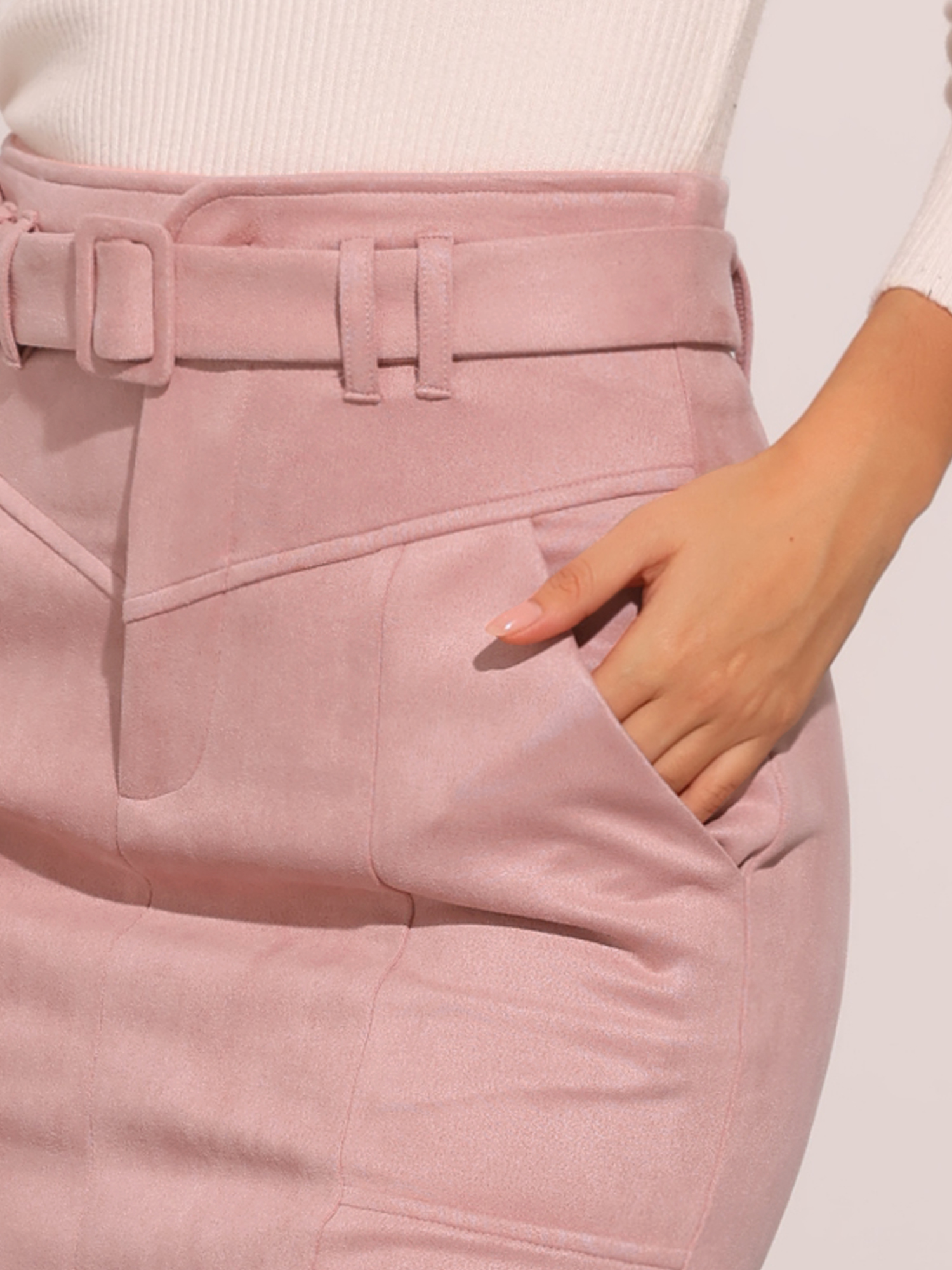 DARING DIVA Women's Faux Suede Skirt Belted Pencil Skirts L Pink