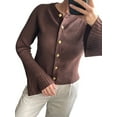 thumbnail image 2 of Women Trendy Crew Neck Ribbed Knit Crop Bell Long Sleeve Open Front Button Down Sweater Shirt Fall Outfit Brown L, 2 of 6
