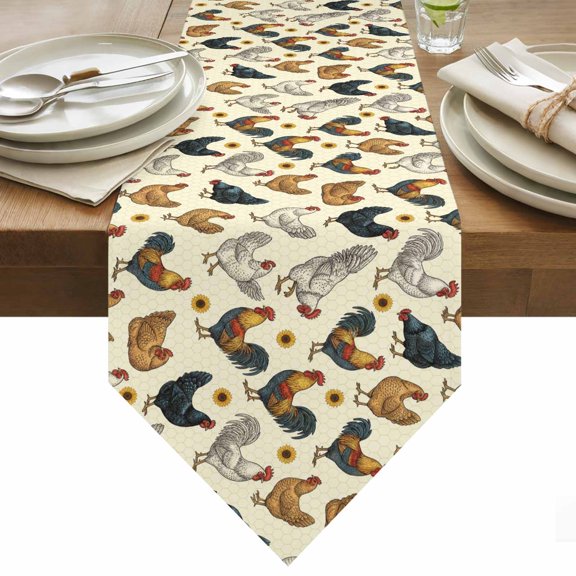 Table Runner 13x90 Inches Long Sunflower Chicken Runner for Table Farmhouse AnimalRooster Table Runners Cotton Linen Dresser Scarf for Kitchen Holiday Party Home Decor Inndoor Outdoor