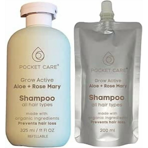 PocketCare Shampoo para pelo orgánico, artesanal de pulpa de sábila, romero y nutrientes naturales, regenerador, Prevención caída e Hidratación 325 ml (Kit Shampoo + Refill, Aloe Vera)