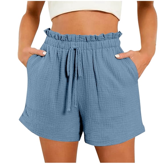Linen Womens Shorts with Pockets Women Casual Solid Elastic Waist Pocket Fashion Short Pants Navy L