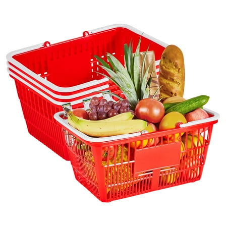 KFFKFF Set of 4 Stackable 21L Plastic Shopping Baskets with Handles, Durable Mesh Design, Supports Up to 20 lbs, Ideal for Grocery Stores, Retail Shops, Supermarkets, and Home Use, Red