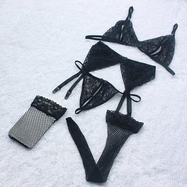 Lencería sexy para mujer, ropa interior de entrepierna abierta de tres puntos, conjunto de tres piezas con sujetador Dew, pijama transparente de tentación con liga