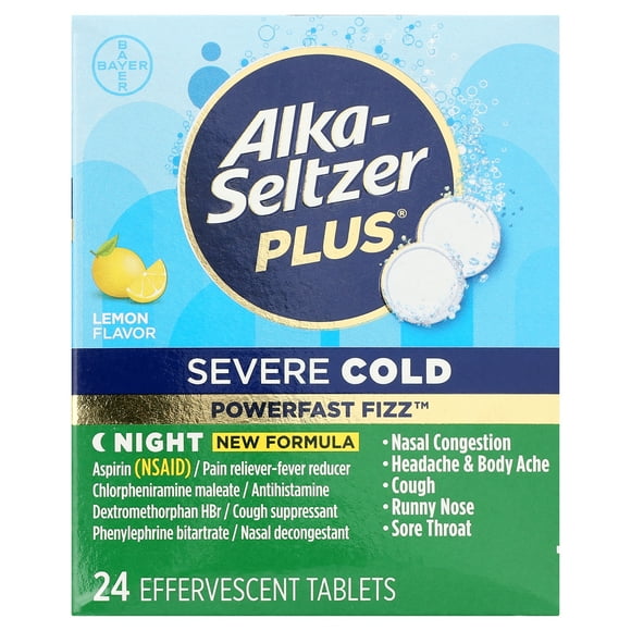 Alka-Seltzer Plus Powerfast Fizz Severe Night Cold Medicine, Lemon Effervescent Tablets, 24 Count