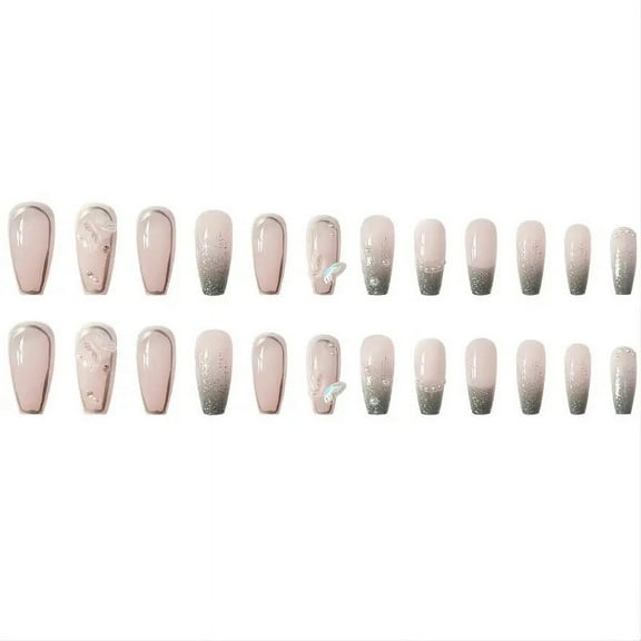 24 Pcs Silver Glitter Butterfly Pearly Press On Nails With Aurora Bow Decals, False/ Fake Nails
