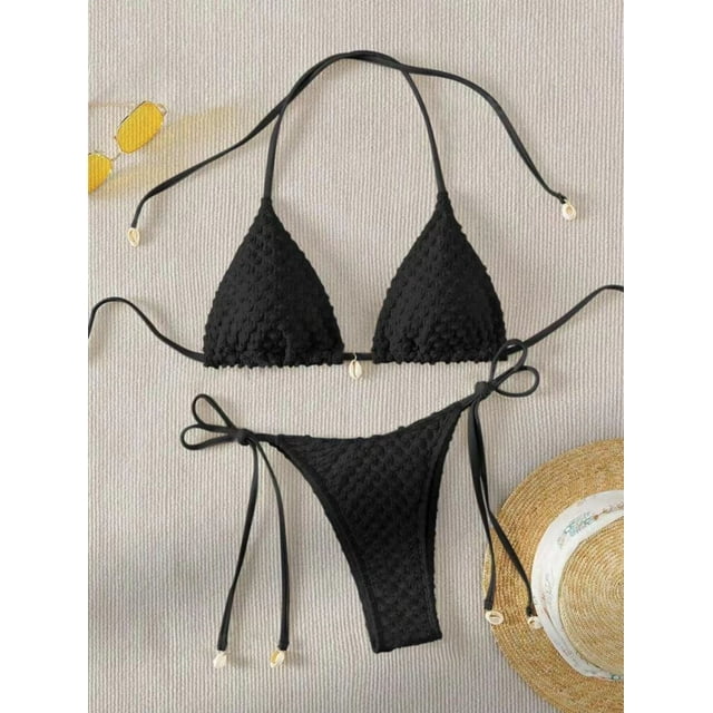 Bikini blanco con cuello Halter para mujer, bañador Sexy de encaje con realce, Micro bañador de diseñador de Metal, traje de baño brasileño con Tanga lateral anudado, 2024