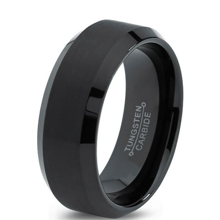 

Charming Jewelers Tungsten Wedding Band Ring 8mm for Men Women Comfort Fit Black Beveled Edge Polished Brushed Lifetime Guarantee Size 8.5