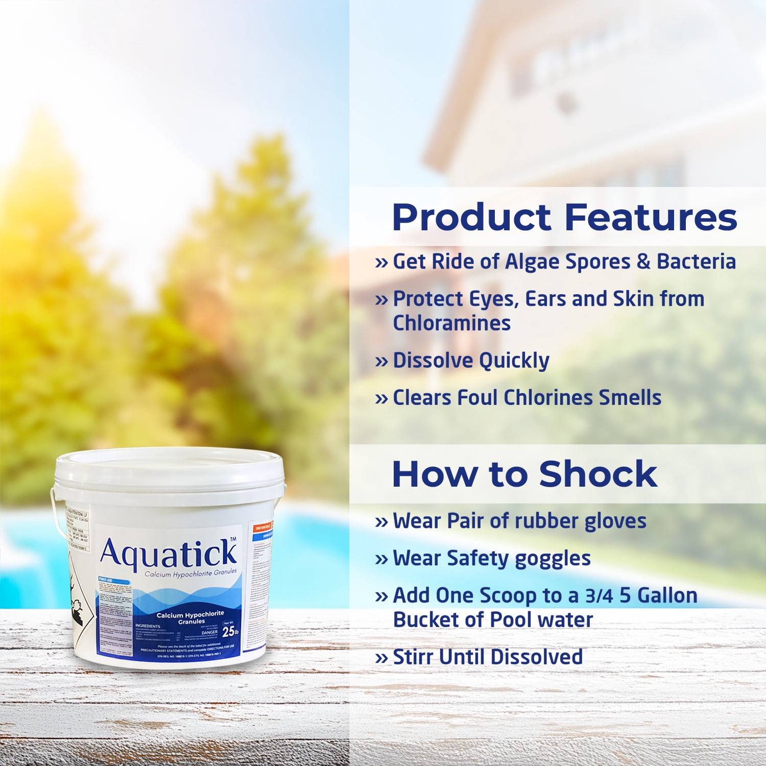 Aquatick Pool Shock 68% Calcium Hypochlorite – 25 LB Chlorine Granules for Swimming Pool, Spa & Hot Tub – Fast-Dissolving Algaecide & Bacteria Eliminator – Powerful Pool Sanitizer Clean & Clear Water
