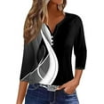 thumbnail image 2 of Womens Summer Tops 3/4 Length Sleeve Button Down Shirts Henley V Neck Striped Blouses Plus Size Trendy Comfy Tees 2025 Tunic Elbow Sleeve Print Blouse, 2 of 5