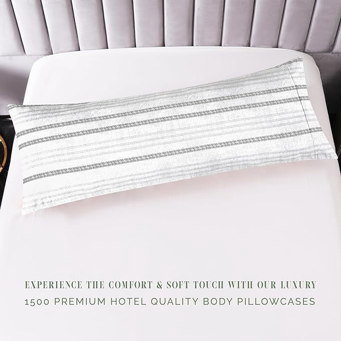 Elegant Comfort Striped Print Body Pillowcase, 1500 Series Hotel Quality Microfiber, Soft and Smooth with Hidden Zipper Closure, Body Pillowcase, Traci Gray