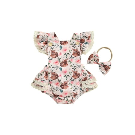 

hirigin Baby Girl 2Pcs Easter Outfits Fly Sleeve Square Neck Ruffle Romper with Bow Headband Set