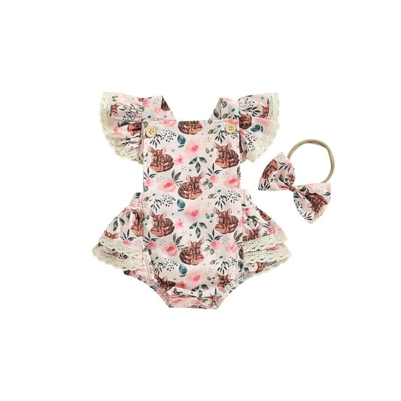 hirigin Baby Girl 2Pcs Easter Outfits, Fly Sleeve Square Neck Ruffle Romper with Bow Headband Set