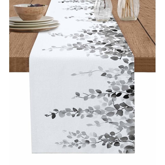 Grey Eucalyptus Leaves Table Runner 48 Inches, Farmhouse Summer Botanical Bed Runner Dresser Scarves Tabletop for Indoor Outdoor Parties/Ceremony/Banquet, 13" x 48"