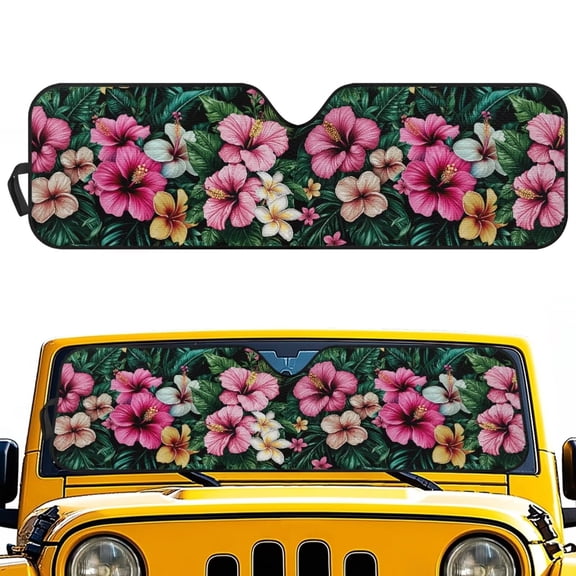POLERO Car Front Window Sun Shield Pink Hibiscus Flowers Foldable Front Window Sun Shade Windshield Rays Sunshade Visor Protector for Off-road Vehicle SUV Accessories 52.95" L x 16.14" W