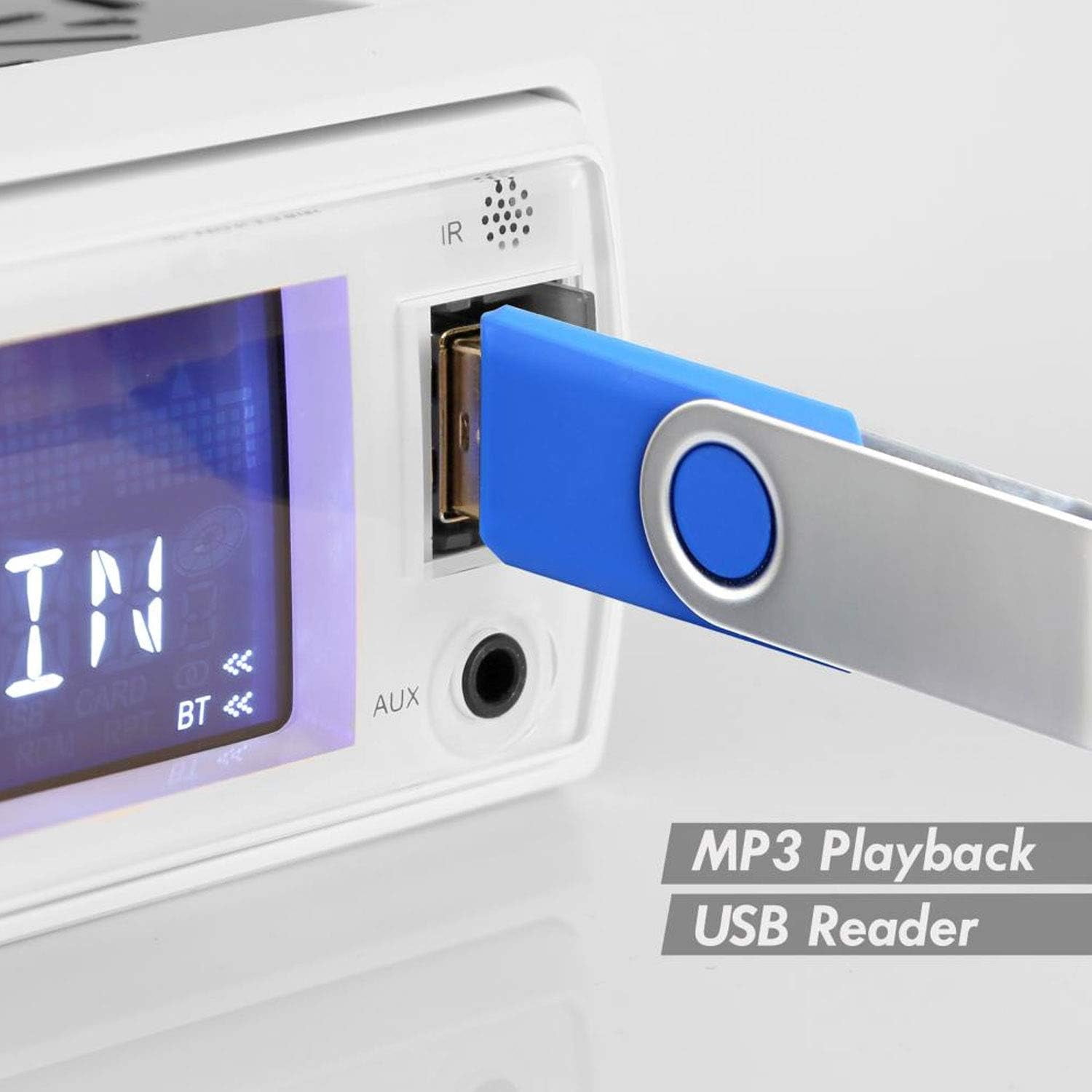 Pyle Single Din 300W Bluetooth Marine Receiver Stereo, Hands-Free Calling, AM/FM, USB/SD (White)