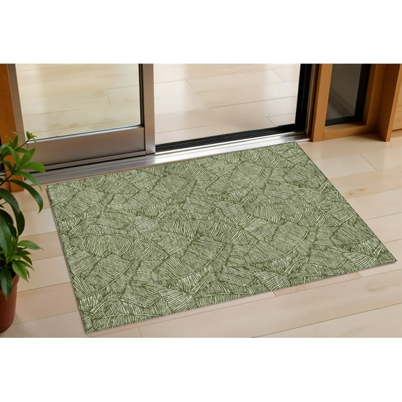 3' X 5' Olive Green And Light Green Floral Washable Indoor Outdoor Area Rug