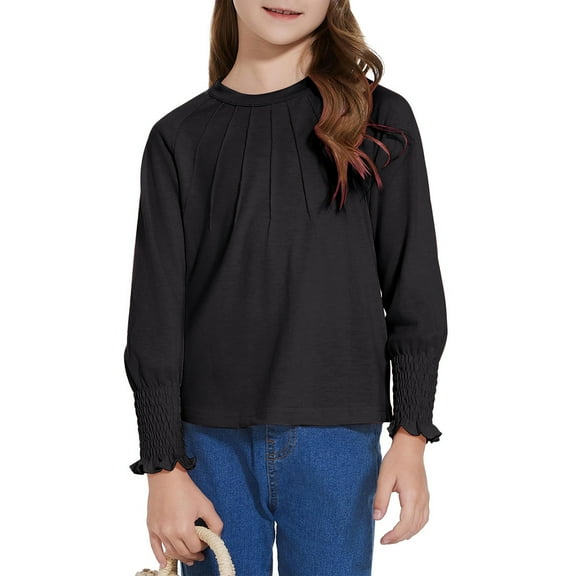 Kids Shirts Girls Tops Pleated Trim Long Sleeve Top Casual Crew Neck Pullover Tees Solid Color Blouse Shirt