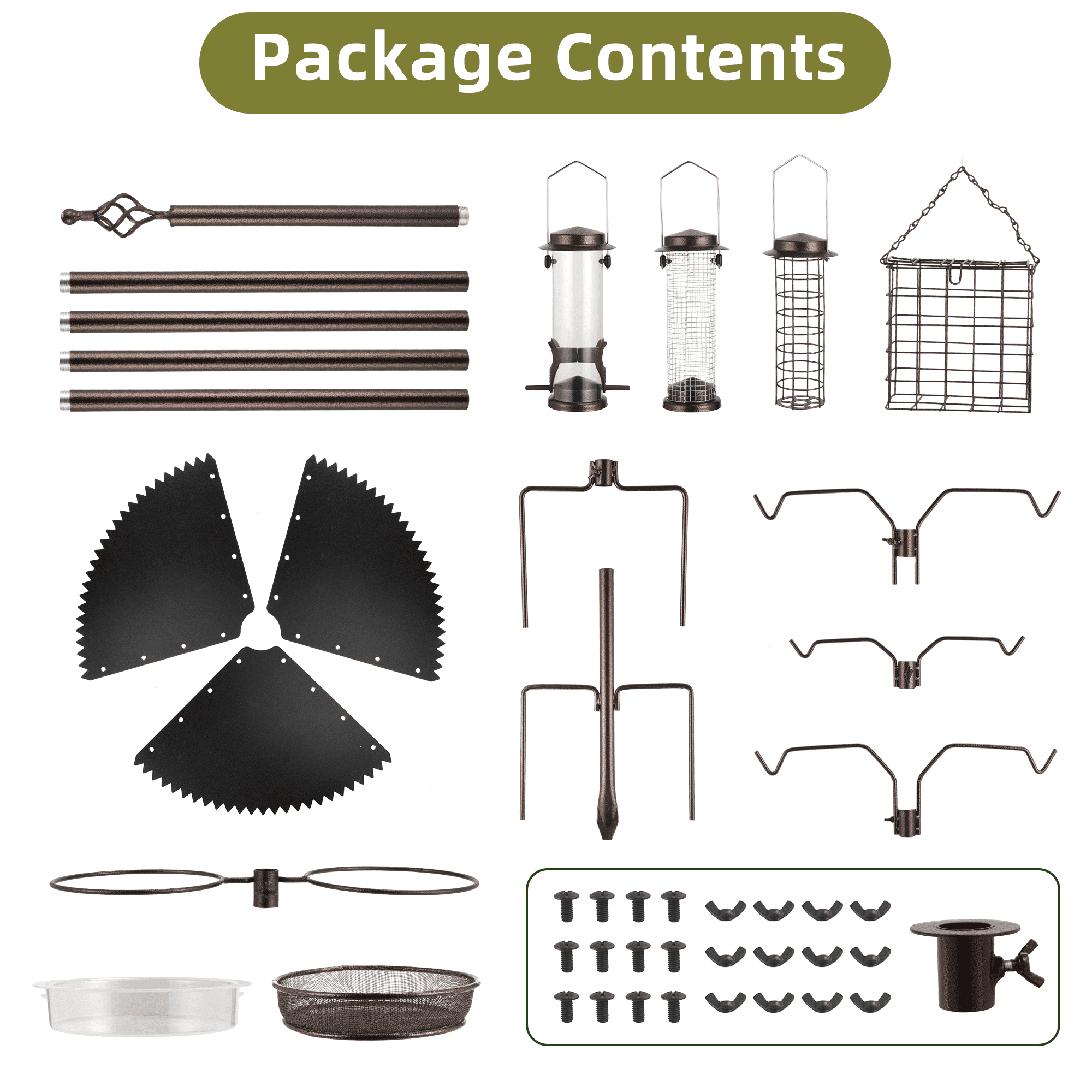 Urban Deco Bird Feeding Station,A Set with 6 Bird Feeders Hanging,Wide Metal Squirrel Baffle , Bird Feeder Poles Kit Premium Bird Bath for Attracting Wild Birds