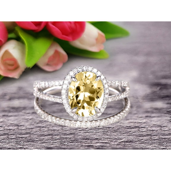 8x6mm Oval Shape Gemstone With Split Shank Halo Design 2.75 Carat Champagne Diamond Moissanite Engagement Ring Bridal Set Anniversary Gift On 10k White Gold