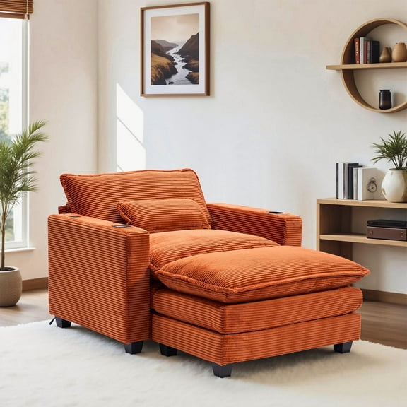 Sofa Chair with Ottoman,Gexpusm Oversized Upholstered Corduroy Sofa Chair with Cup Holders & USB Ports for Bedroom,Living Room,Small Spaces,Lounge Sofa Chair,Orange