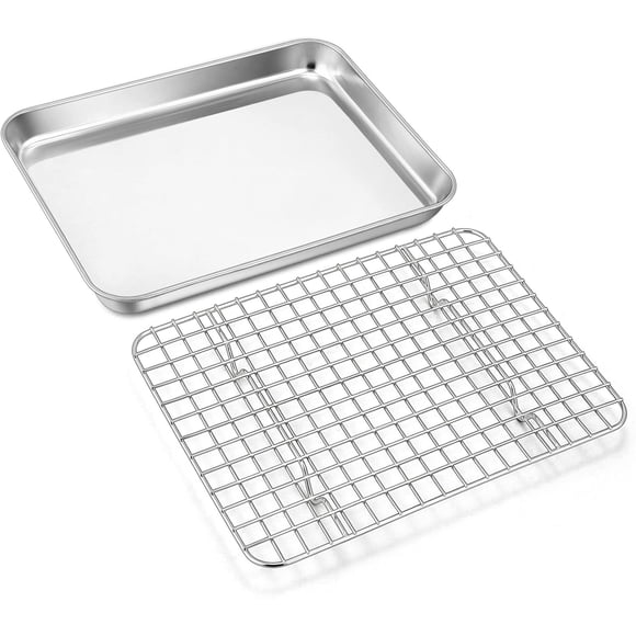9 Inch Baking Tray Pan & Cooling Rack Set, Joyfair Stainless Steel Rectangular Toaster Oven Pan with Grid Rack for Cookies/Meats/Bacon, Non-Toxic & Heavy Duty, Rust-Free & Dishwasher Safe