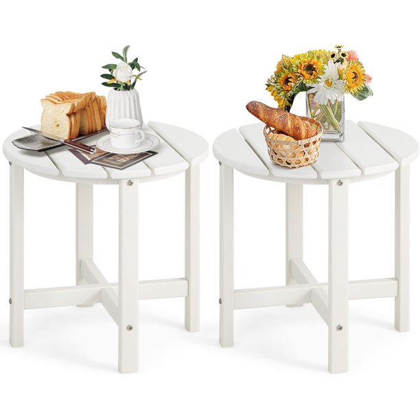ZYPPPA Round Outdoor Side Table, 18 Inch Weather Resistant HDPE Adirondack Table, Outdoor Indoor Chairside End Tables, Patio Side Table for Lawn Garden Balcony Backyard, Easy Assembly (2, White)