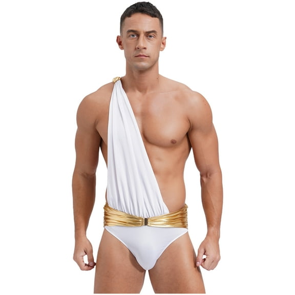 CHICTRY Toga for Men One Shoulder Ruffles Brief Bodysuits Ancient Roman Warrior Wrestling White L