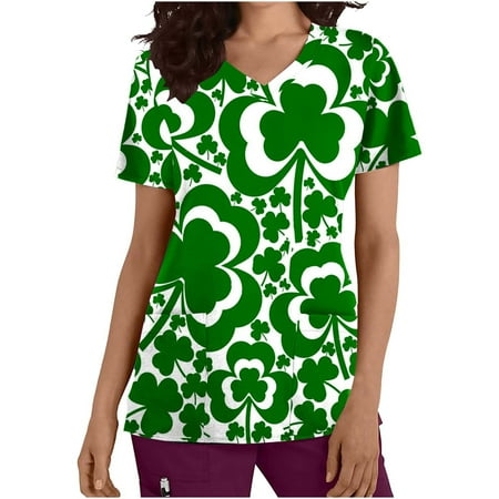

CYMMPU Women s V-Neck Pocketed Scrub_Tops Nurse Workwear Uniform Clearance Tops Summer Tees Short Sleeve Shirts Trendy St. Patrick s Day Tunic Green Clover Graphic Fashion Tshirts Mint Green S