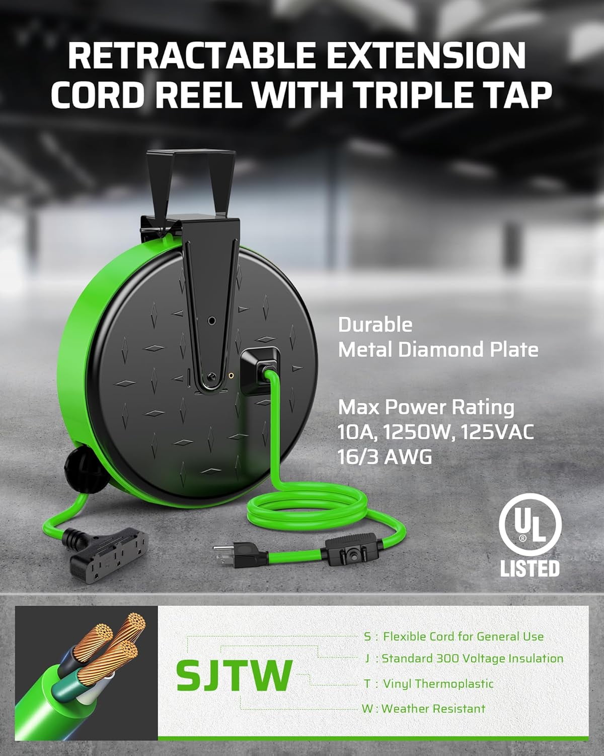 30FT Extension Cord Reel, 16/3 Gauge SJTW Power Cord, Retractable Cord Reel with 3 Outlets, Ceiling/Wall Mount for Garage, Workshop, 10A Circuit Breaker, Metal Plate, UL Listed, Green