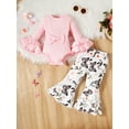 thumbnail image 3 of xiaxaixu Baby Girl Fall Outfits Solid Color Rib Knit Flare Long Sleeve Rompers Butterfly/Flower Print Flare Pants 2Pcs Clothes Set, 3 of 9