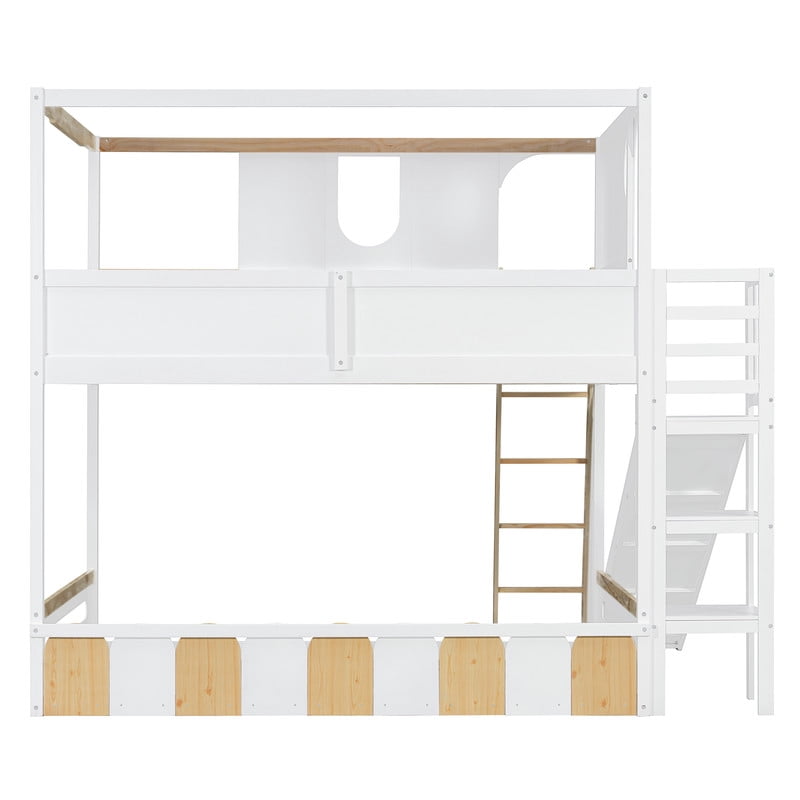 Full Size Versatile Kids Loft/Bunk Bed with Floor Bed, House Bed Frame with Slide, Storage Shelves and Guardrails