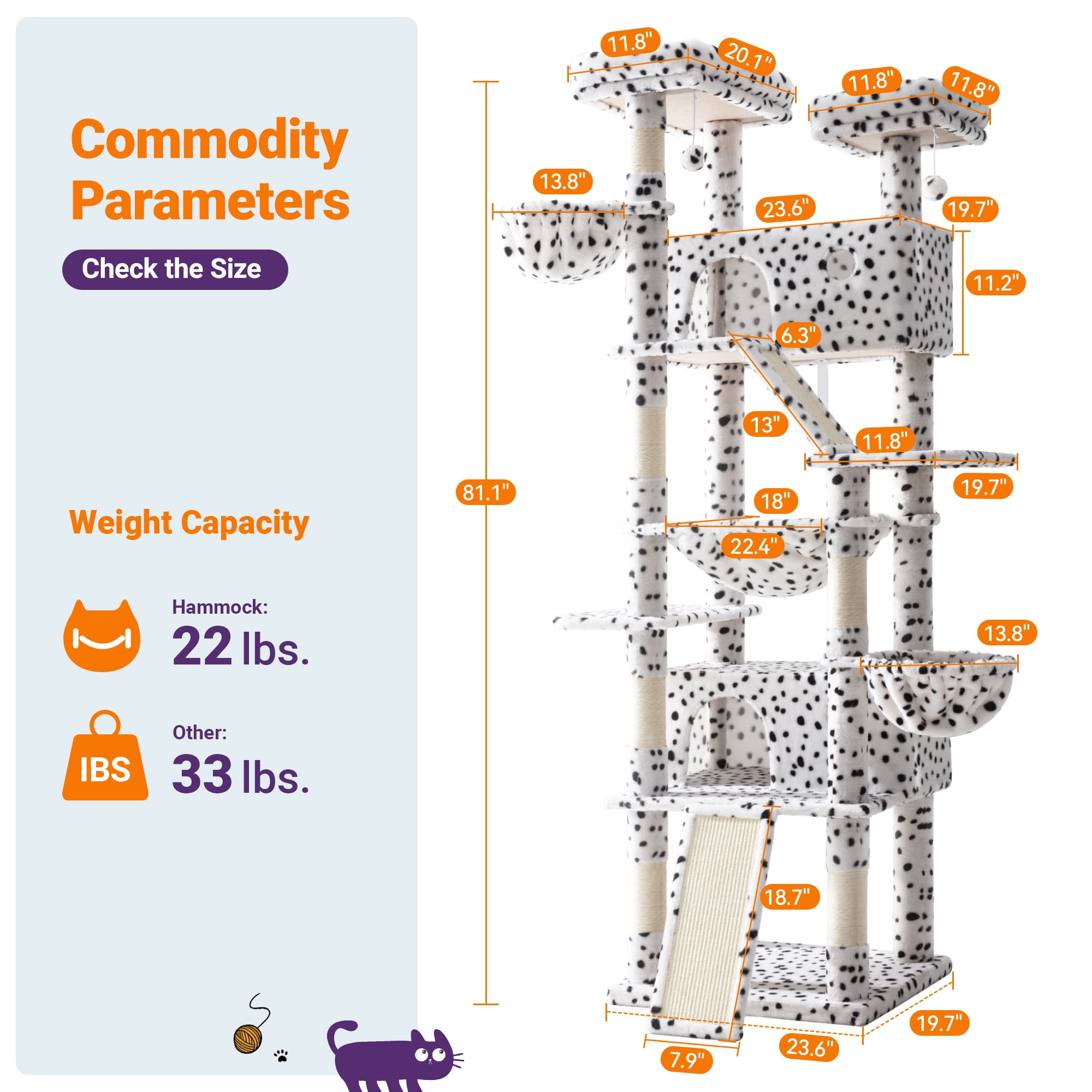 Allewie 81 Inches Multi-Level Tall Cat Tree for Large Cat, Cat Climbing Tree with Cat Condo and Hammock, Scratching Post, Wide Base, White/Black Spot