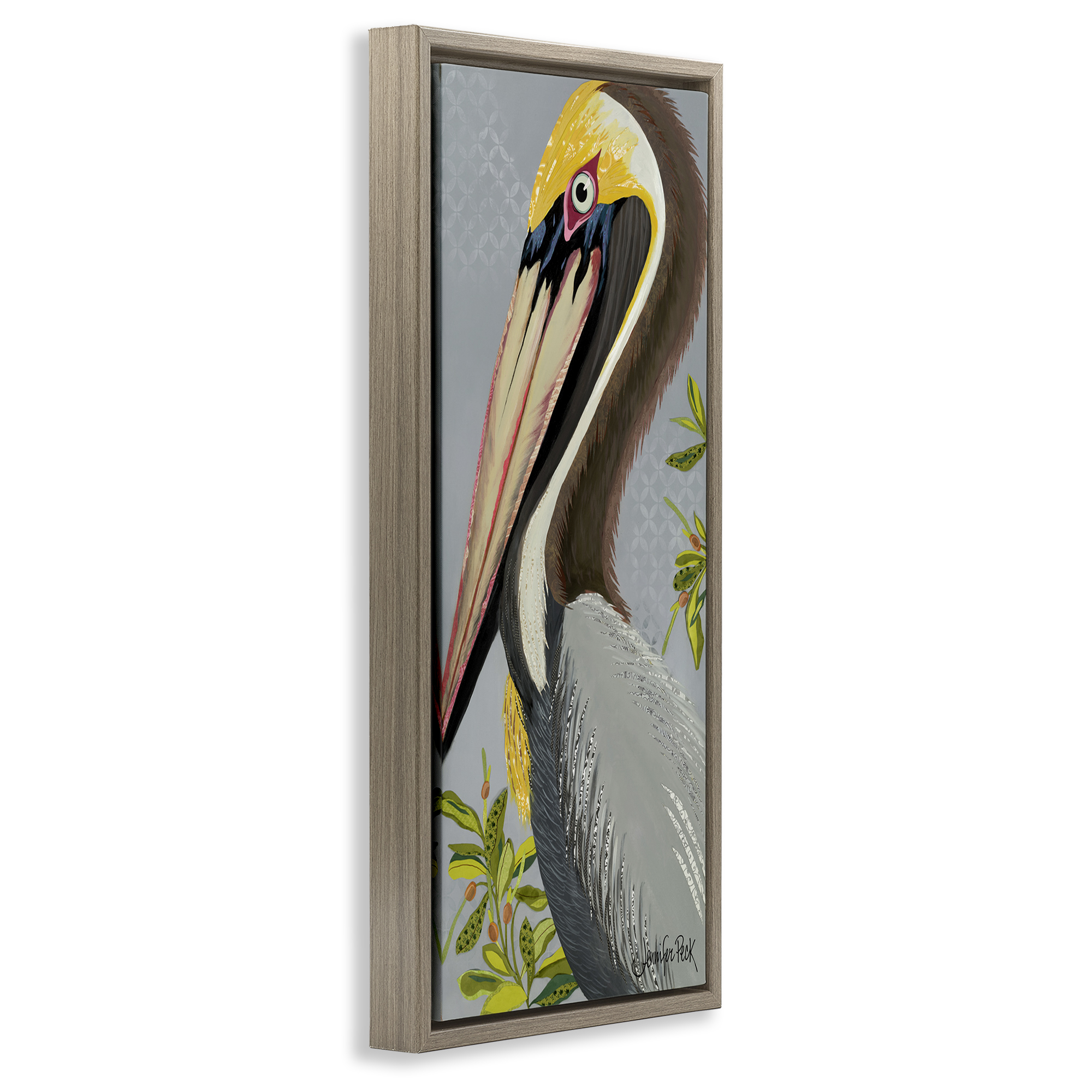 Stupell Industries Pelican on Grey Animals & Insects Painting Brown Floater Framed Canvas Art Print Wall Art, 11 x 25