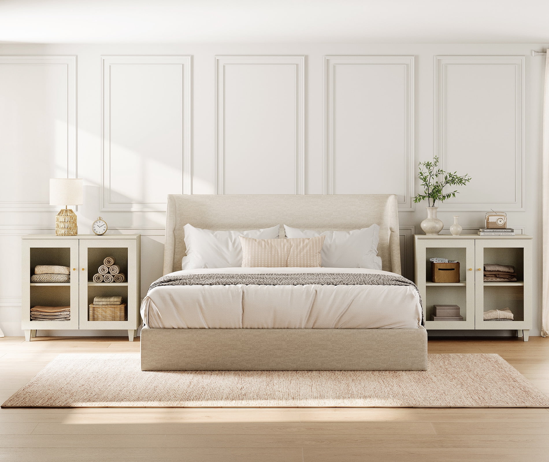 Large Bedroom Nightstand with Glass Doors, Tall Bedside Table with Adjustable Shelf and Cable Management, Beige