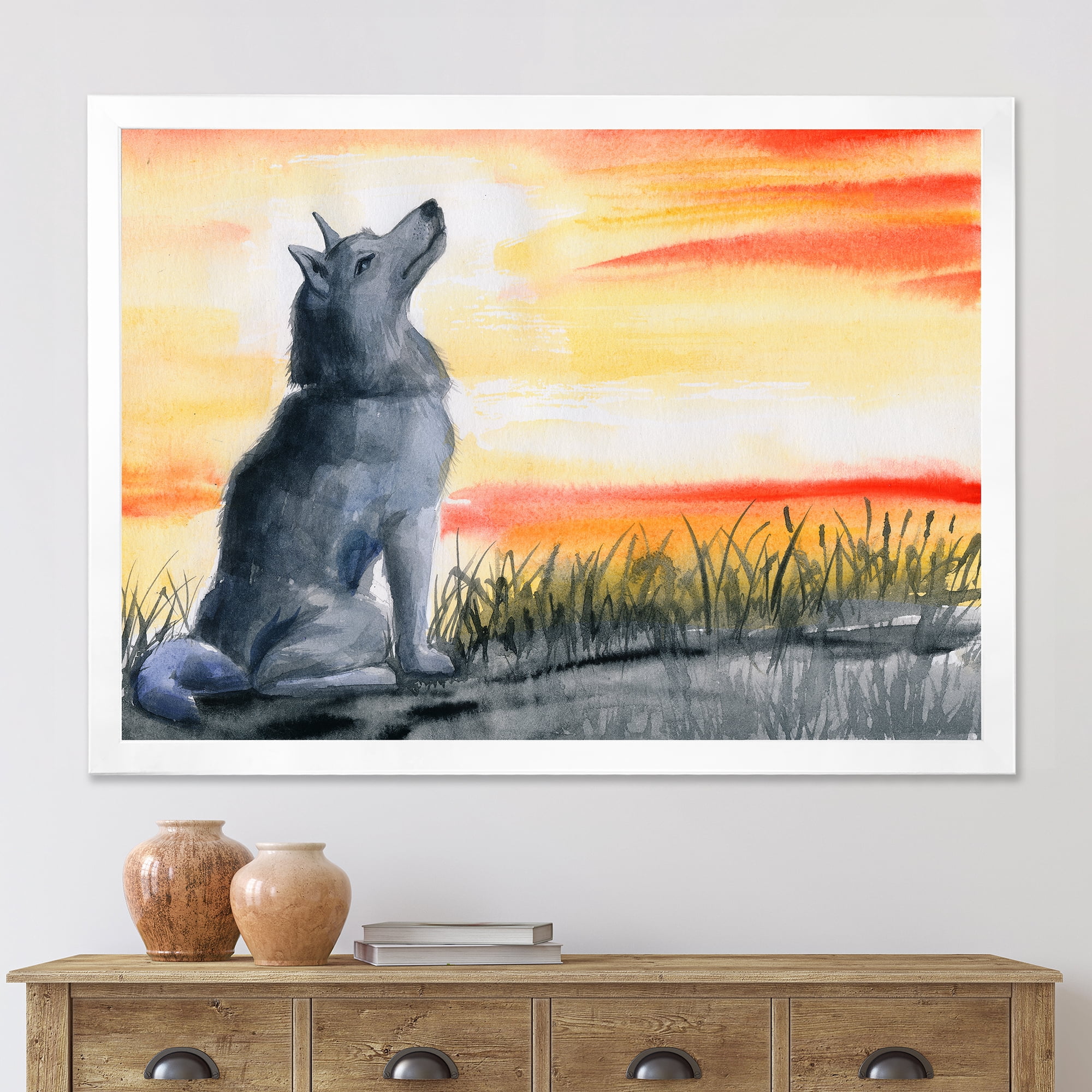 Designart 'Portrait Of Grey Wolf Howling At The Moon' Traditional Framed Art Print