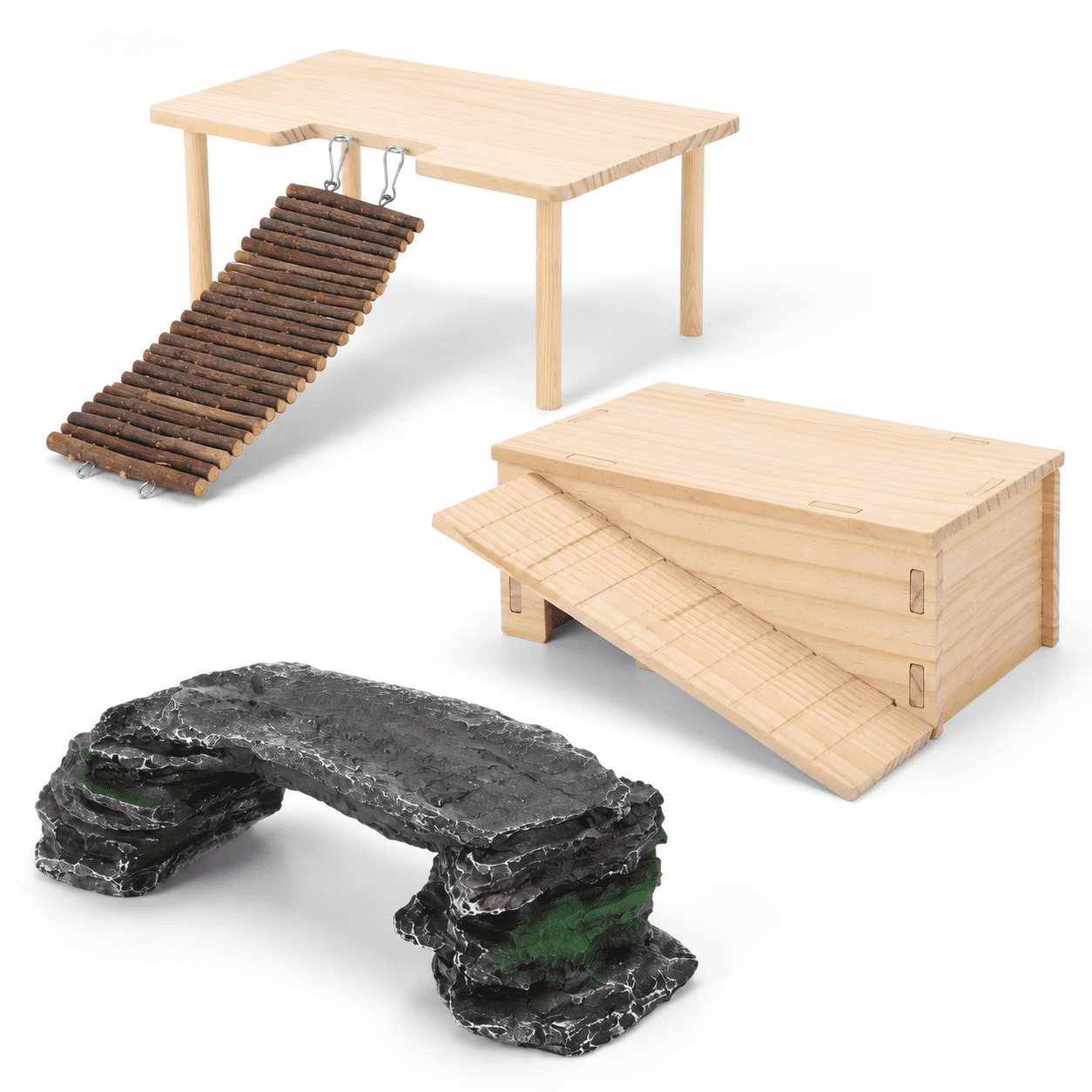 3 Pack Solid Wood Reptile Habitat Decor Set with Ramp Ladder and Cave