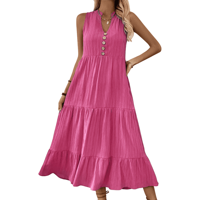 Robe Chemise Sans Manches d'Été 2025 pour Femmes Col en V Décontractée Midi Rose Rouge TG