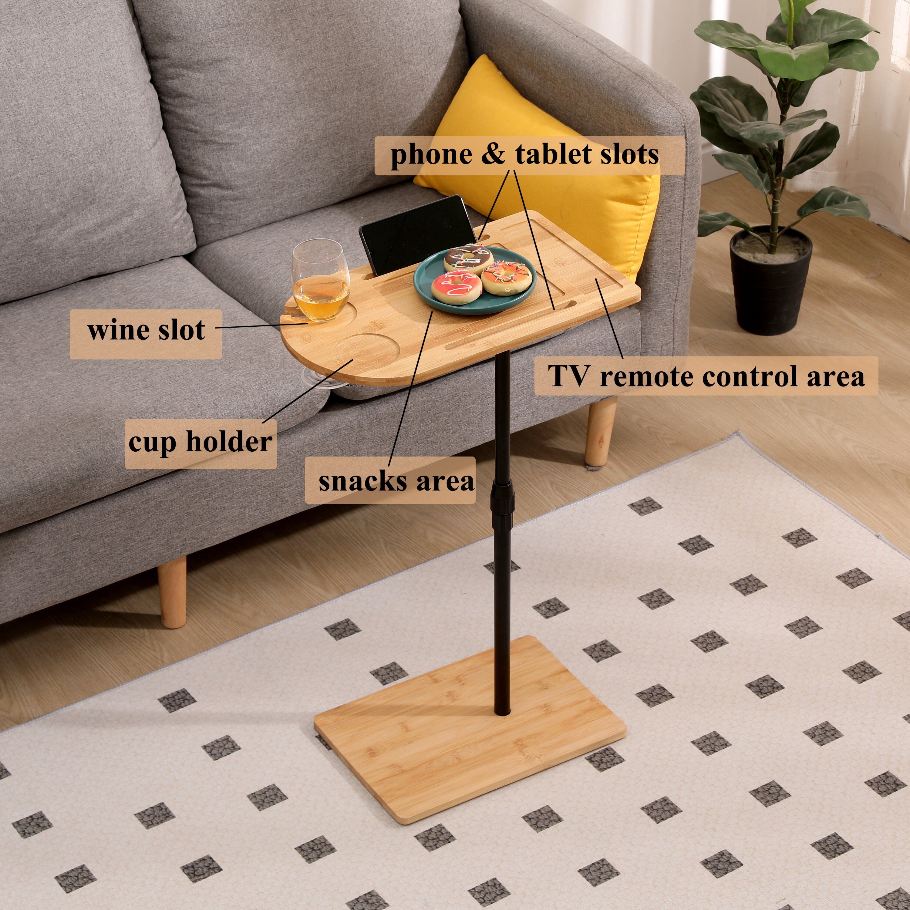 Yoneston Natural C-Shaped End Table Rotating Adjustable Height Couch Tray Table Bedside Table with Wine Slots & Phone Holder for Bed Sofa Bathtub, Oval