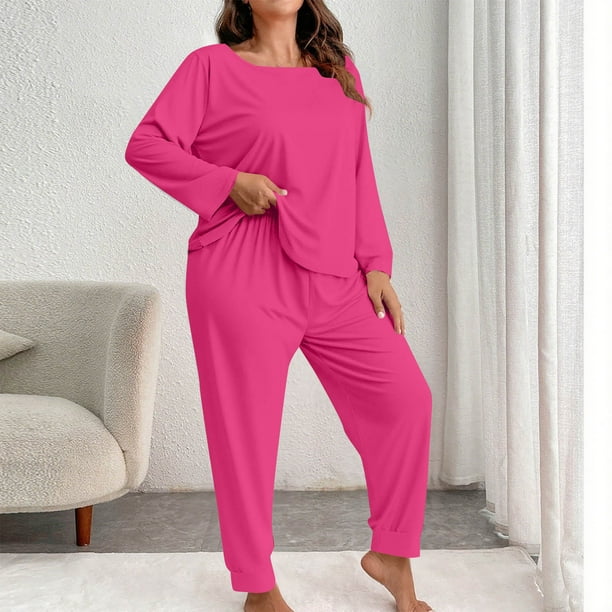Pincandy Women's Plus Size Pajama Set - Crew Neck Long Sleeve Top & Pants, Casual & Comfortable for Homewear