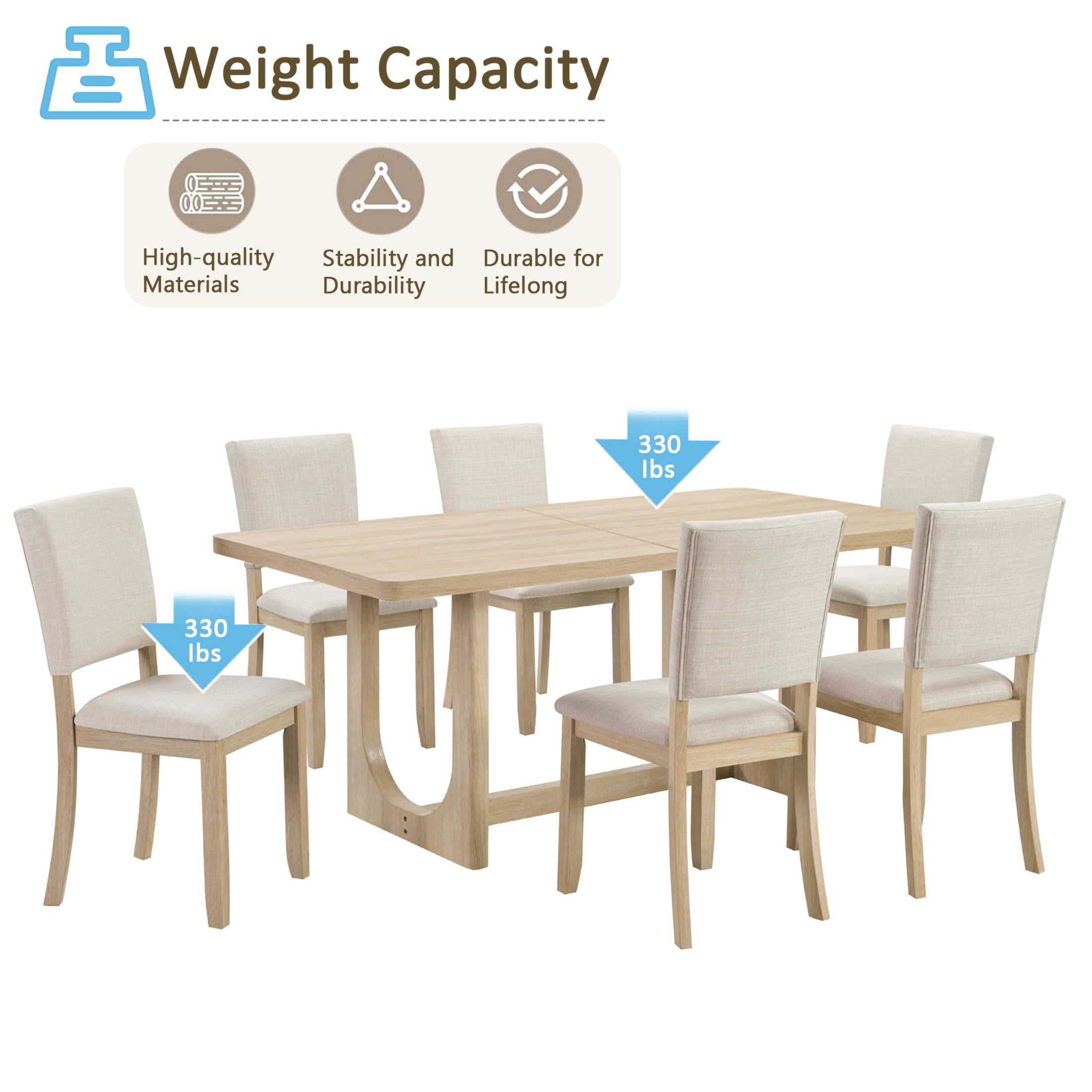 Noble House 7-Piece Wooden Dining Table Set, Modern Rectangular Kitchen Table with Upholstered Chairs, Light Oak & Beige