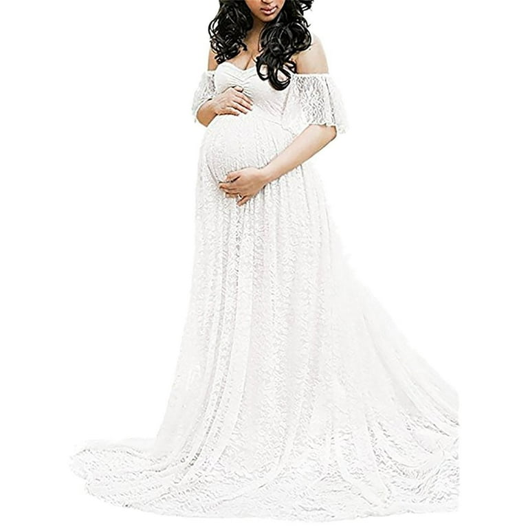 Vedolay Summer Maternity Dresses Women's Floral Lace Maxi Dress V Neck  Short Sleeve Boho Wedding Bridesmaid Evening Party Beach Slit Flowy Long  Dresses,C-White S 