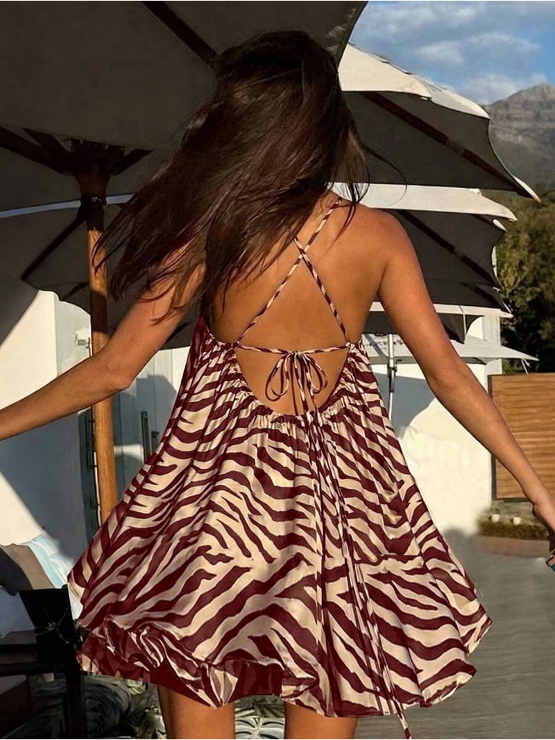 Burgundy Zebra Print Backless Halter Mini Sundress For Women, Summer Beach Outfit, Y2K Style